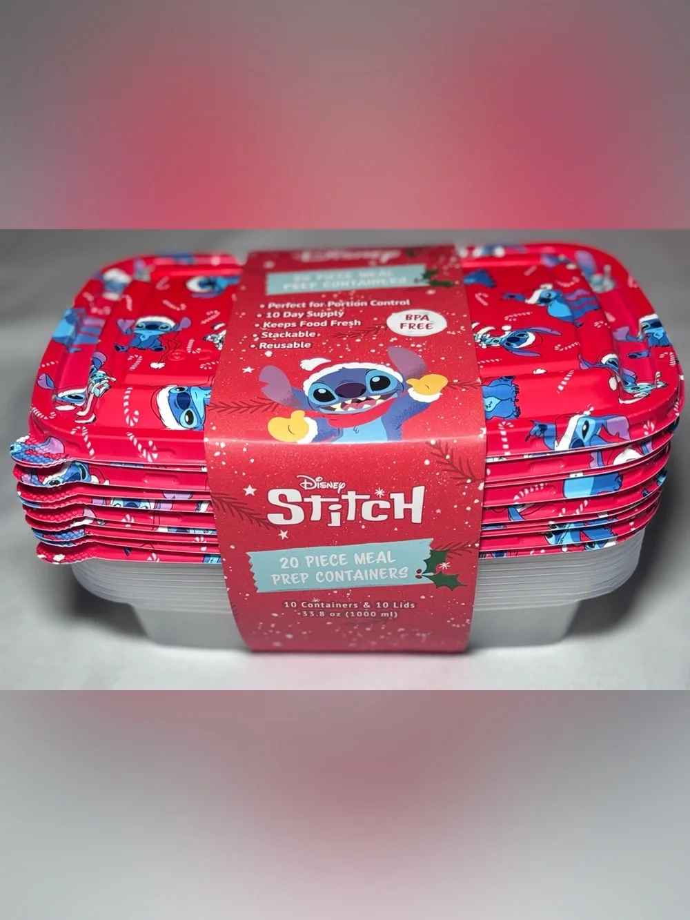 Disney Stitch Santa 20 piece meal prep containers -NEW